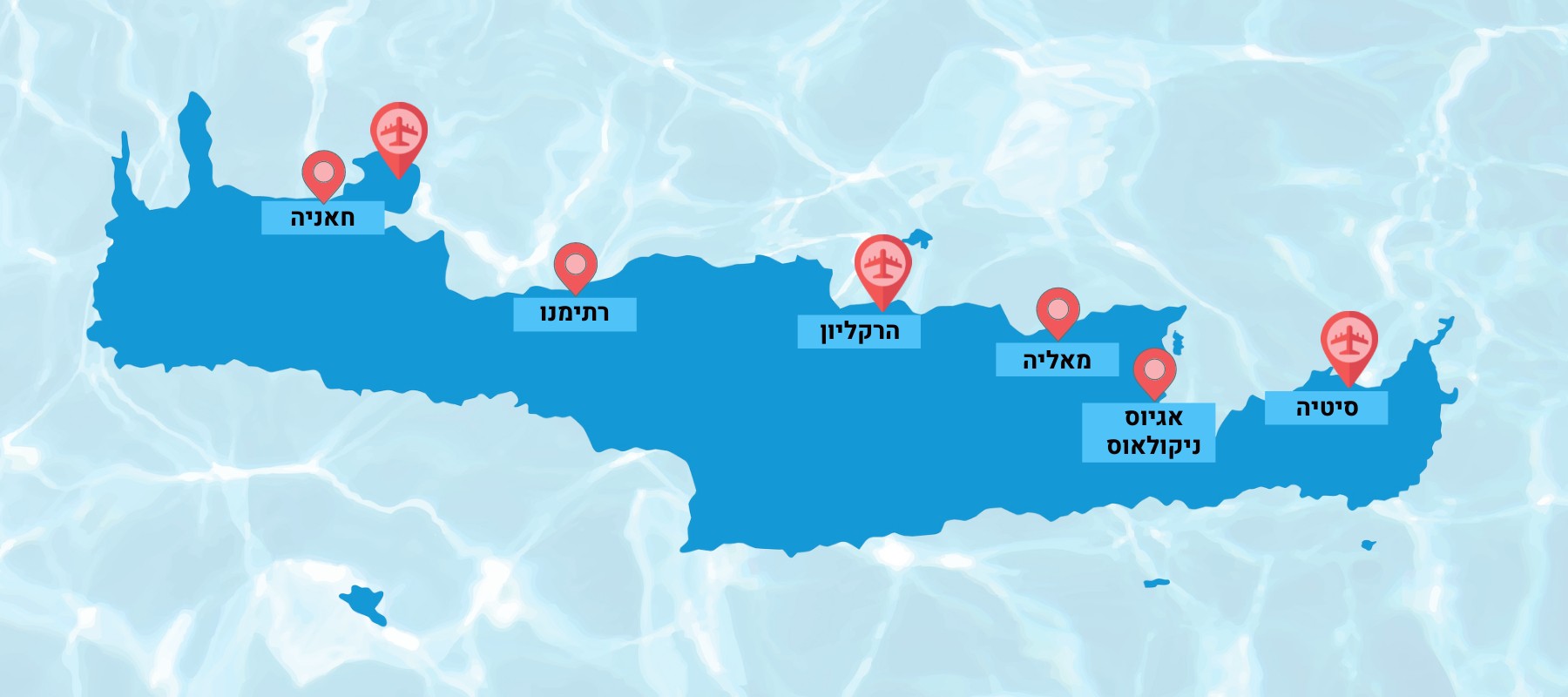 מפת כרתים, עליה מסומנים כל מה המקומות שפורטו ברשימה מעל