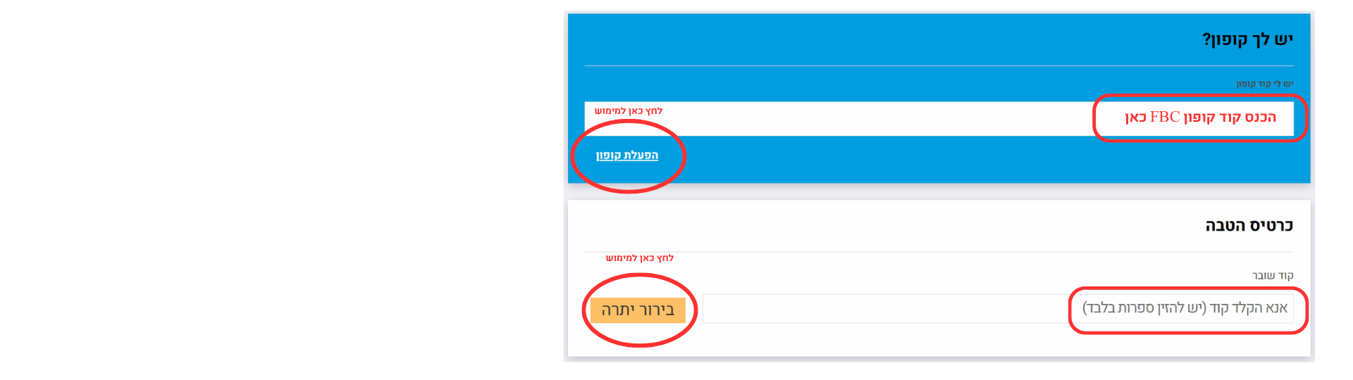 כיצד מממשים את ההטבה באתר? - אזור להזנת הקופון