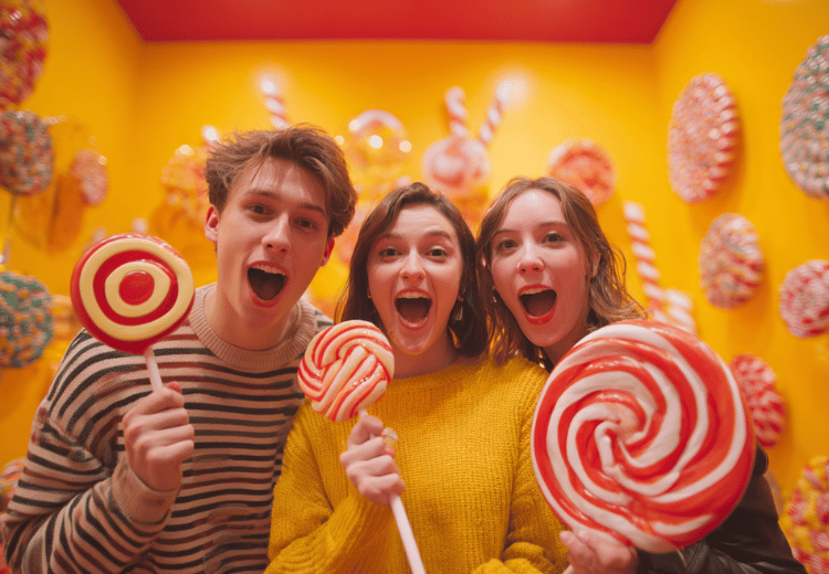 שלושה צעירים מחייכים ומחזיקים סוכריות על מקל ענקיות בצבעי אדום ולבן בחדר צבעוני במוזיאון הממתקים בדובאי.